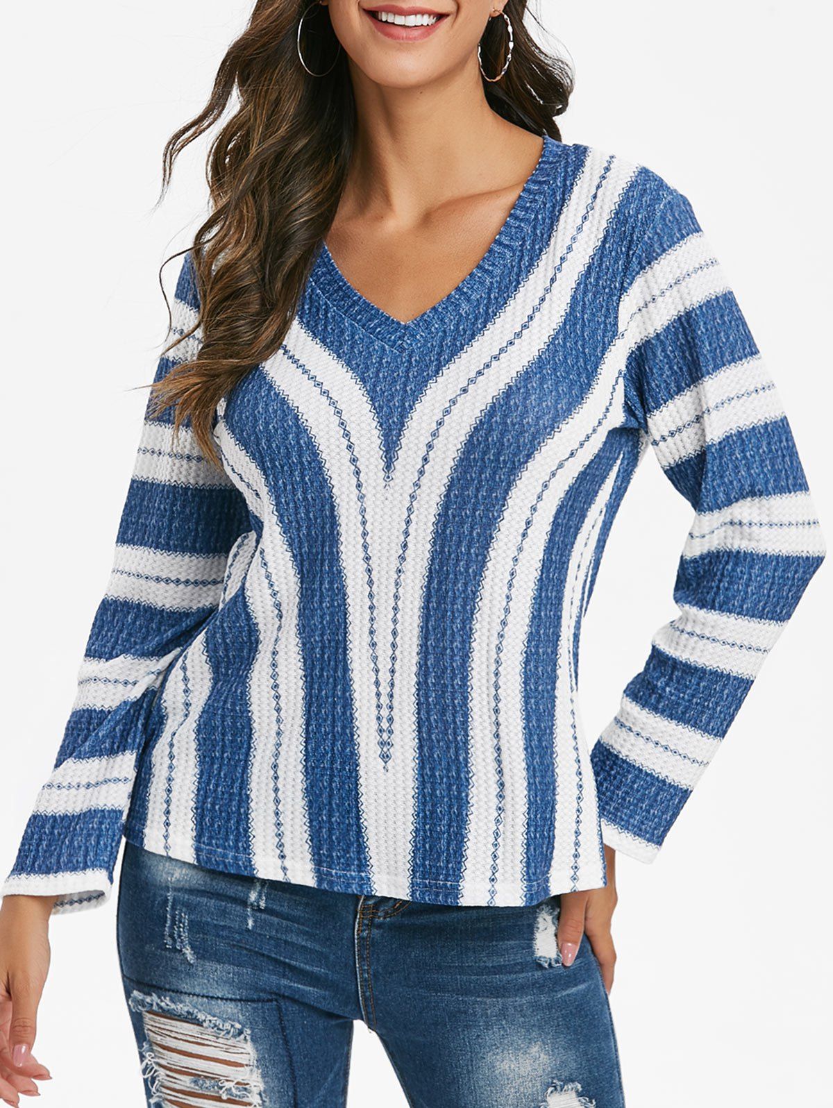 

Striped V Neck Drop Shoulder Knitwear, Sky blue