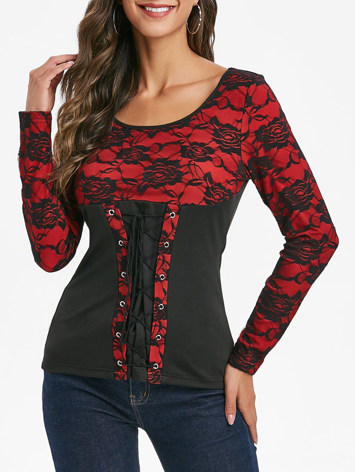 

Round Collar Rose Print Lace Up T Shirt, Black