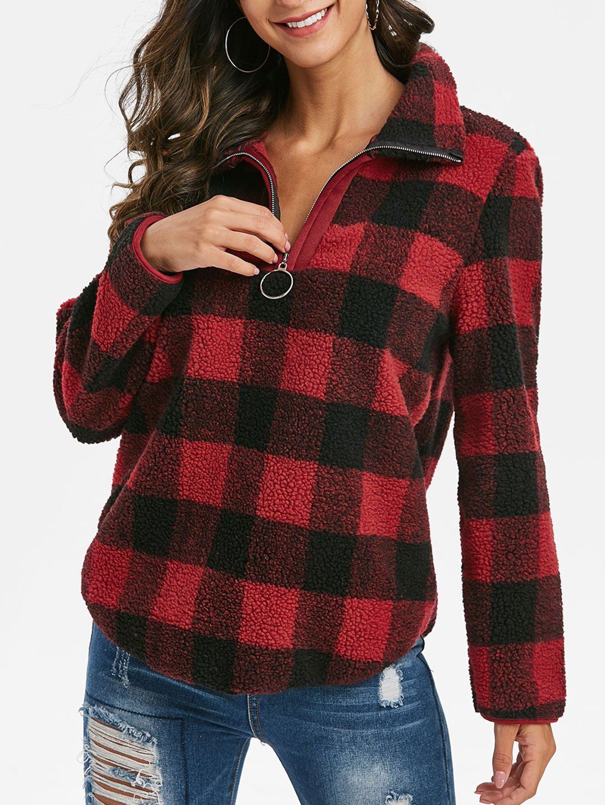 

Half Zip Checkered Teddy Sweatshirt, Red wine