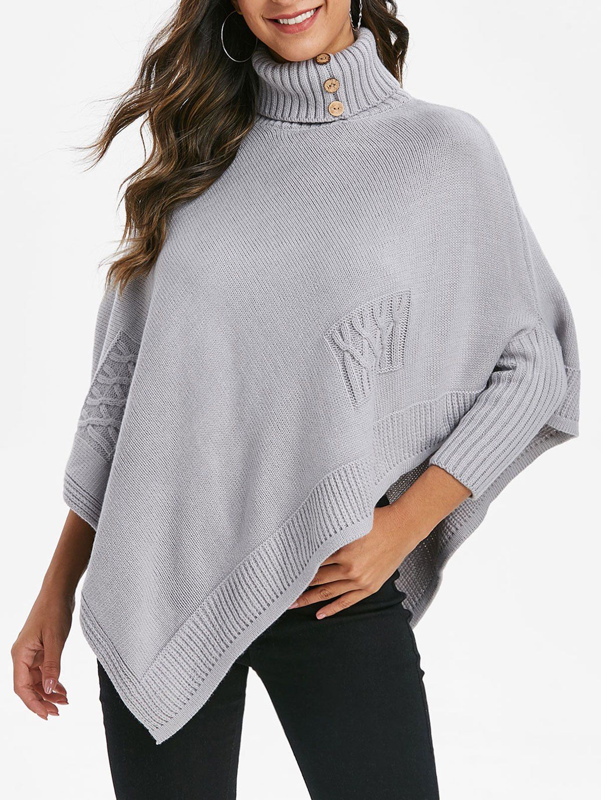 

Turtleneck Batwing Sleeve Asymmetrical Sweater, Light gray