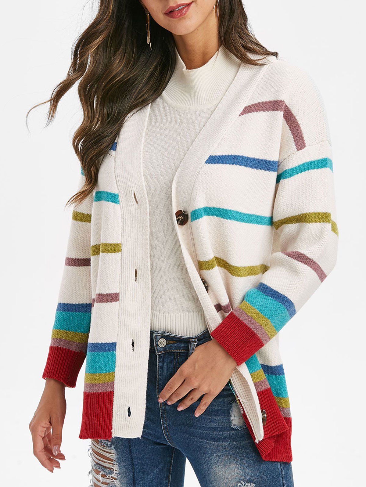 

Striped Drop Shoulder Loose Cardigan, Warm white