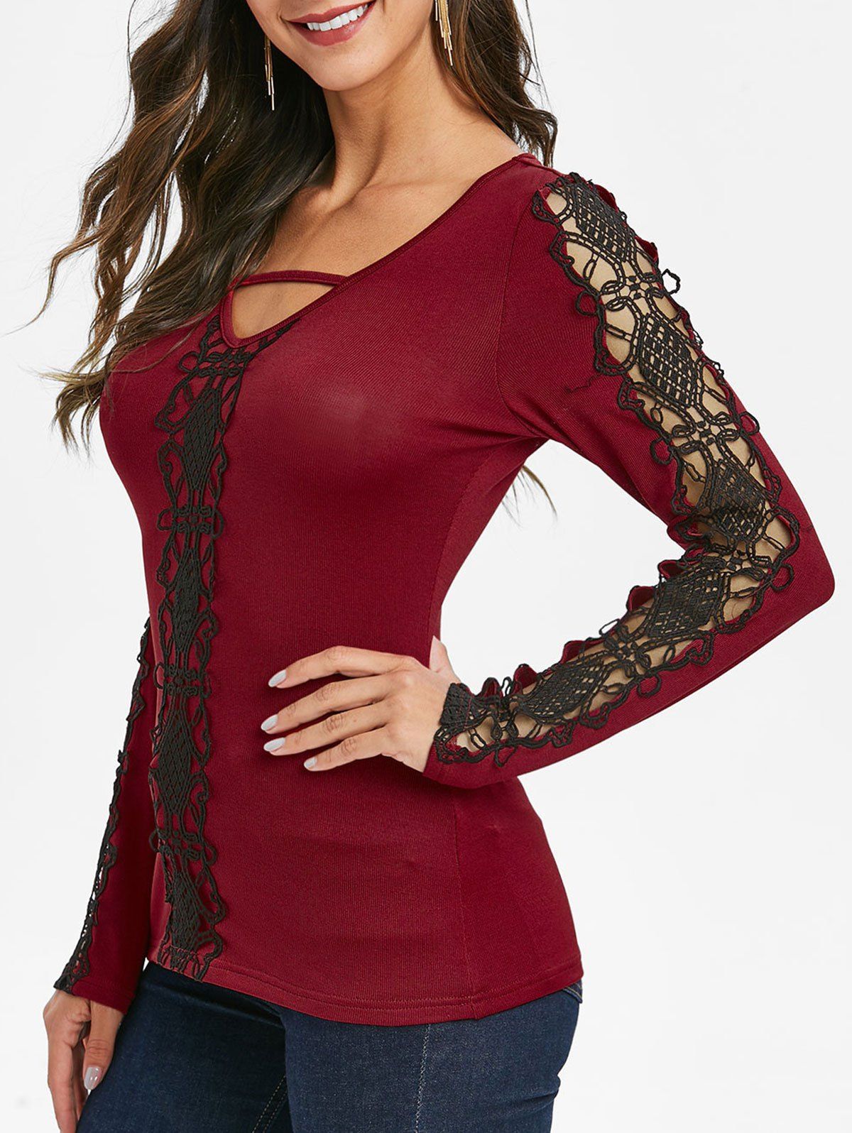 

Lace Spliced V Neck Jumper, Red wine