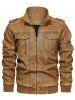Solid Color Faux Leather Cargo Jacket -  
