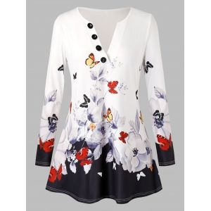 

Plus Size V Neck Butterfly Floral T Shirt, White