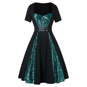 

Plus Size Two Tone Sequined Buckle A Line Vintage Dress, Black