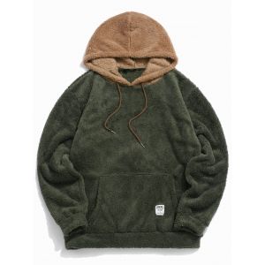 

Colorblock Splicing Faux Fur Fluffy Hoodie, Army green