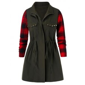 

Plus Size Studded Drawstring Plaid Coat, Army green