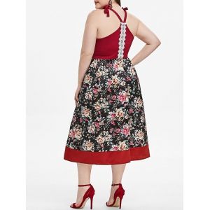 

Tie Shoulder Lace Trim Floral Plus Size Dress, Red wine