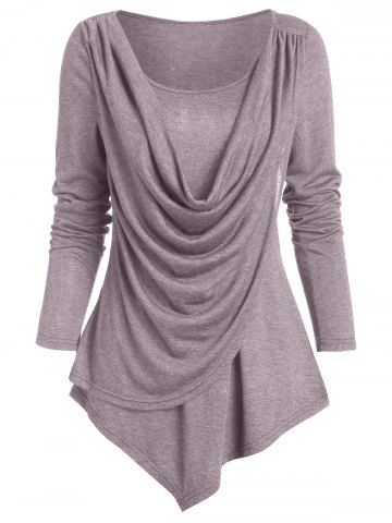 Heathered Pointed Hem Draped Overlap T-shirt