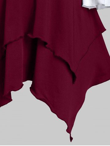 

Buckle Strap Lace-up Layered Handkerchief Skirt with Poet Sleeve Bardot Top, Red wine