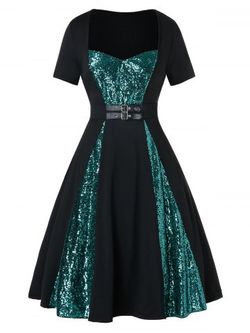 Plus Size Two Tone Sequined Buckle A Line Vintage Dress - BLACK - L