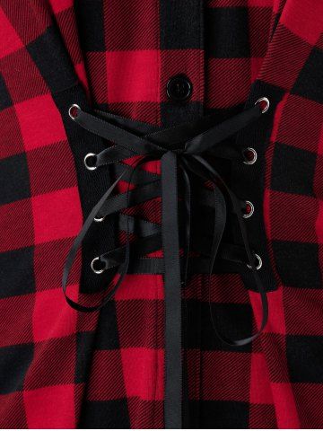 

Plus Size Plaid Lace Up Button Front Curved Blouse, Lava red