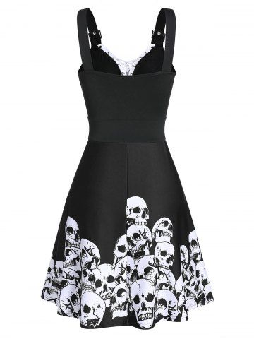 

Halloween Skull Print Buckle Strap Lace-up Skater Dress, Black