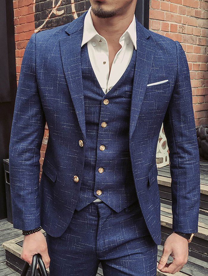 

Plaid Jacquard Single Breasted Three Pieces Business Suits, Blue