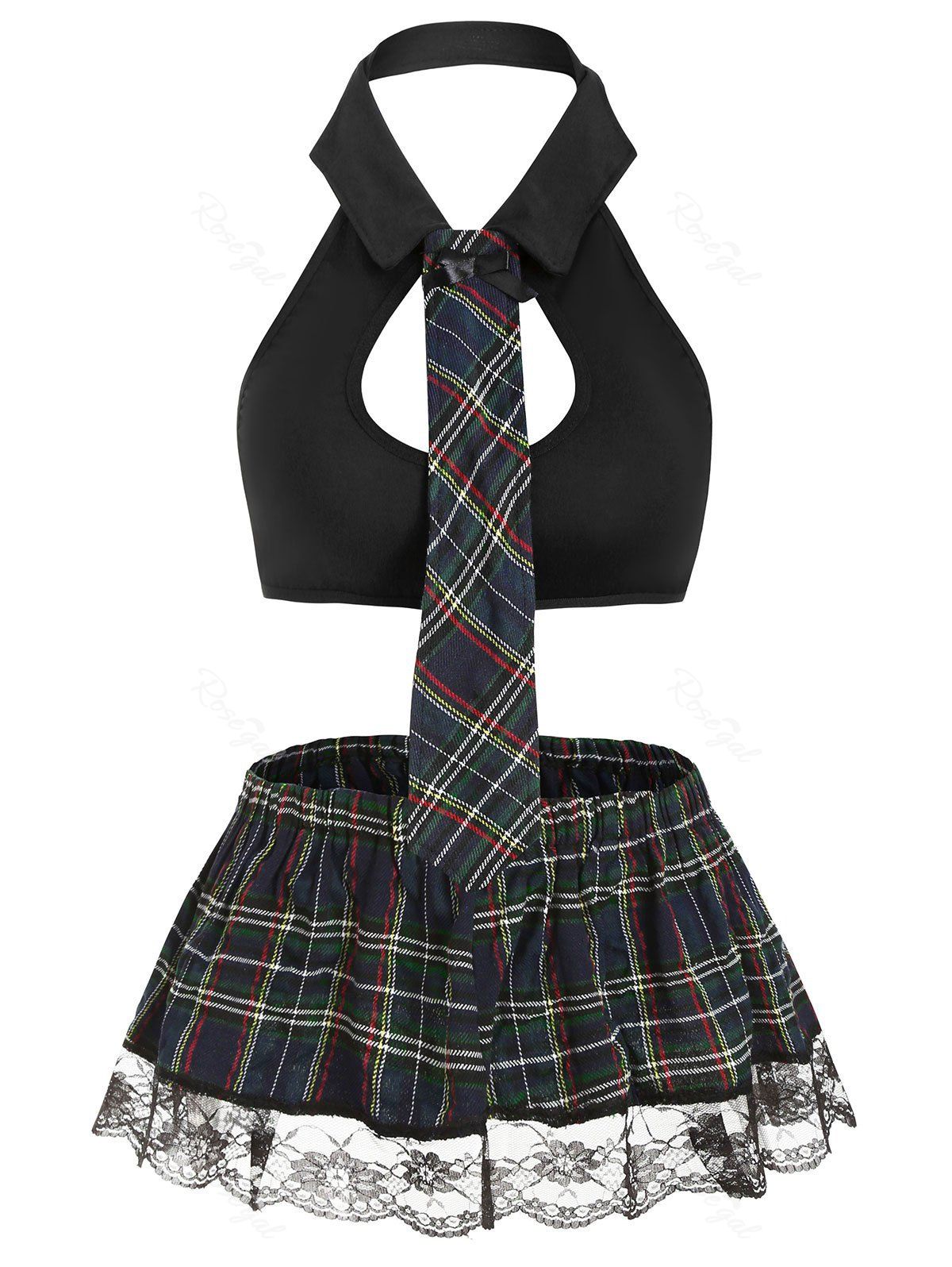 

Plus Size Halter Plaid Lace Hem Costume, Black
