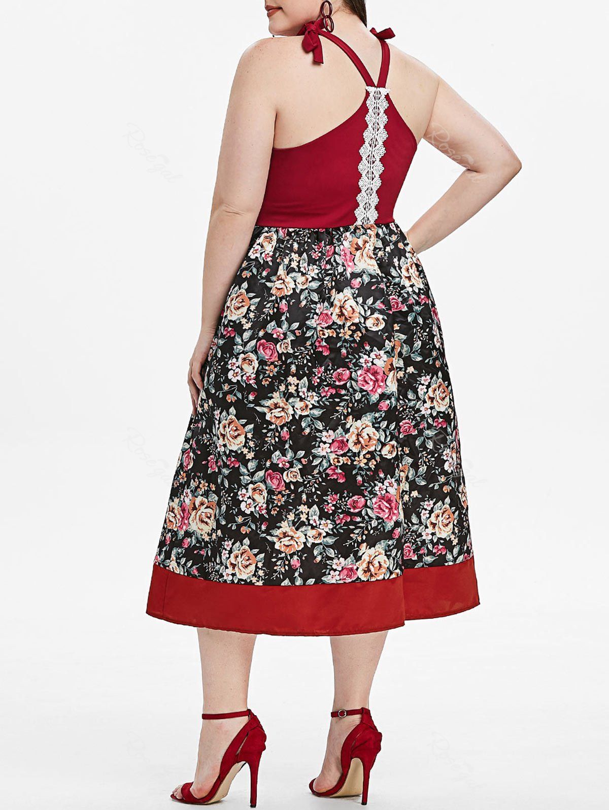

Tie Shoulder Lace Trim Floral Plus Size Dress, Red wine