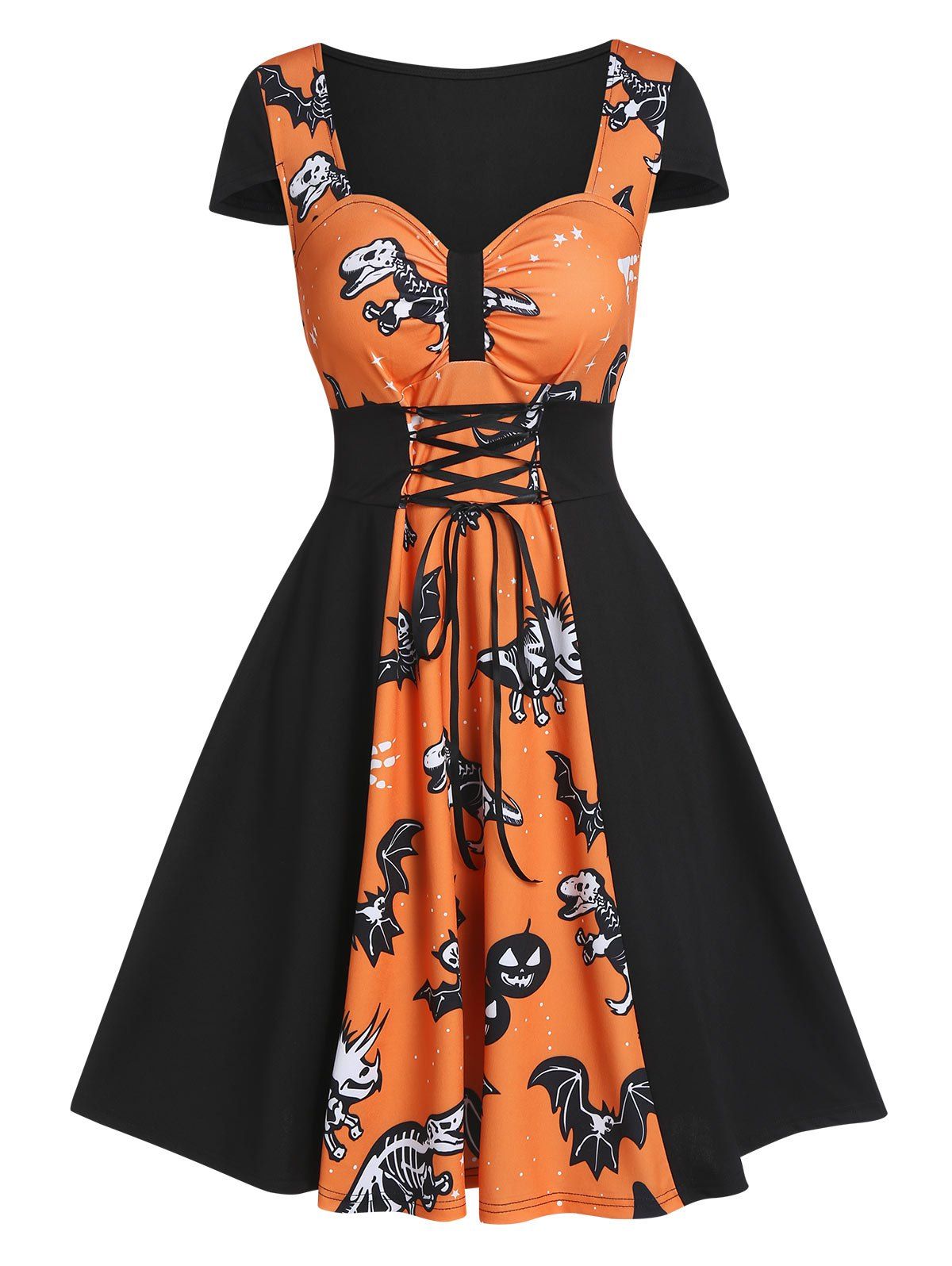 

Halloween Dinosaur Skeleton Print Lace-up Front Ruched Skater Dress, Pumpkin orange
