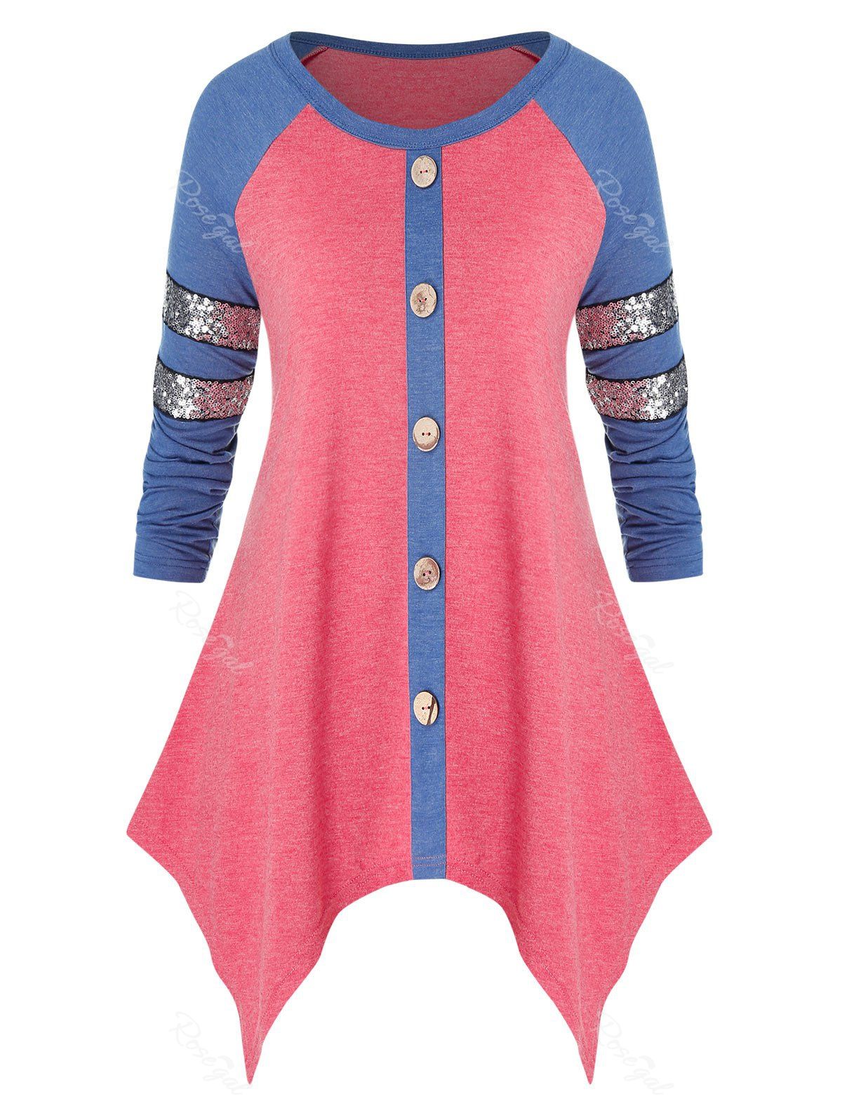 

Plus Size Patchwork Irregular Button Tunic Top, Multi-a