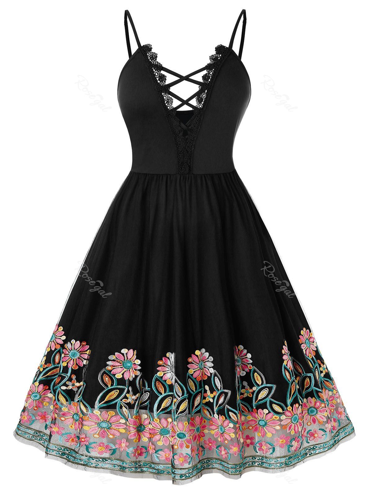

Plus Size Flower Embroidered Mesh Guipure Lace A Line Dress, Black
