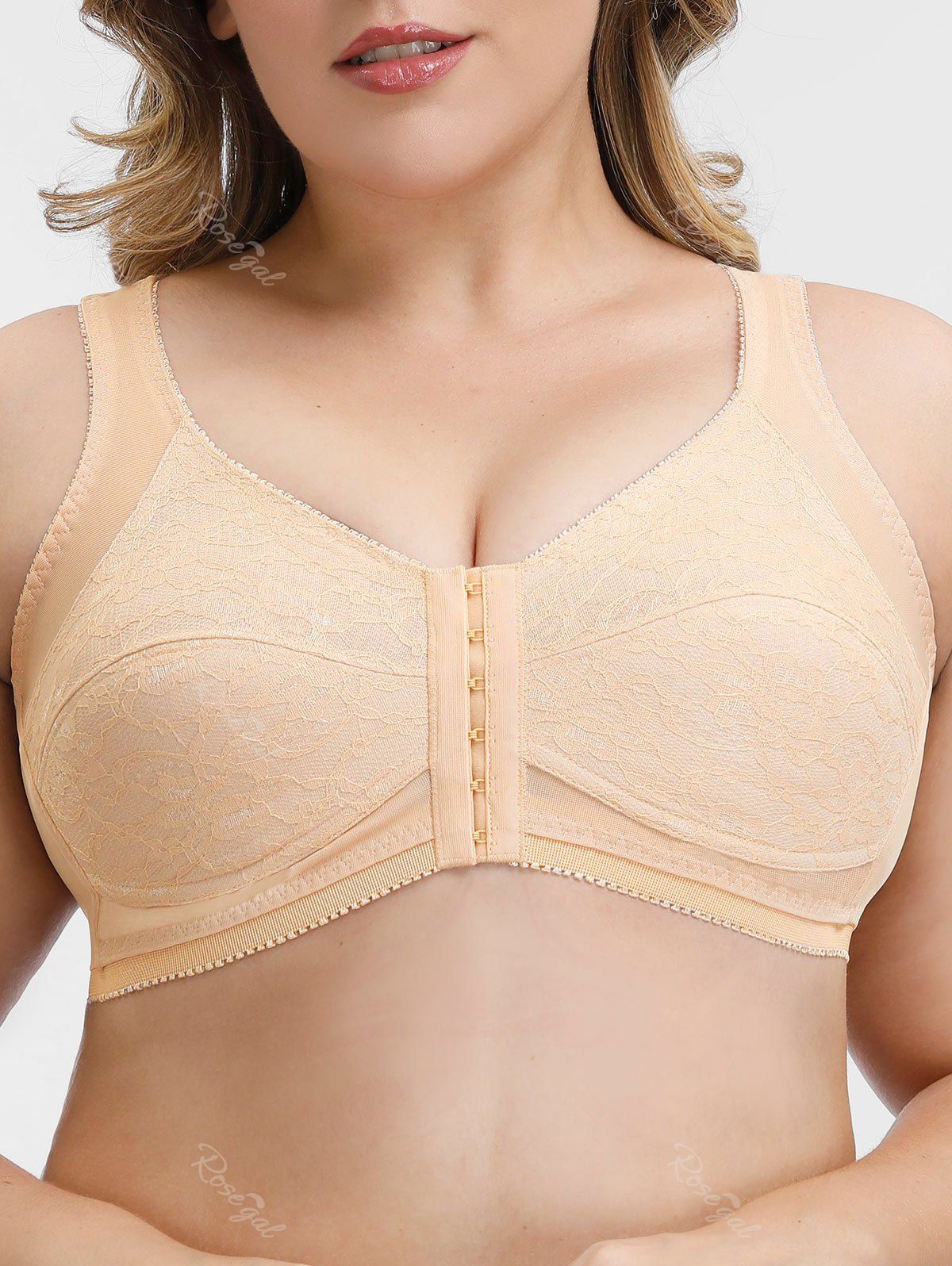 

Plus Size Front Closure Lace Overlay Racerback Bra, Champagne