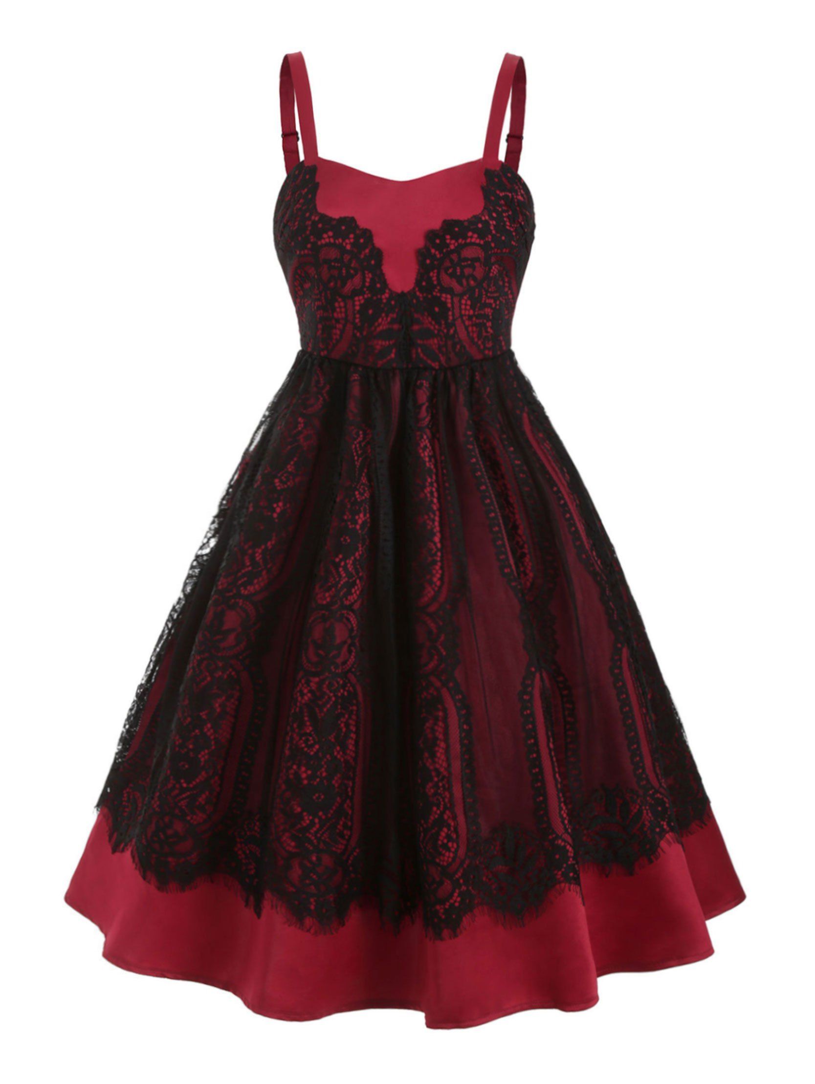 

Lace Panel High Waist Sleeveless Dress, Red wine