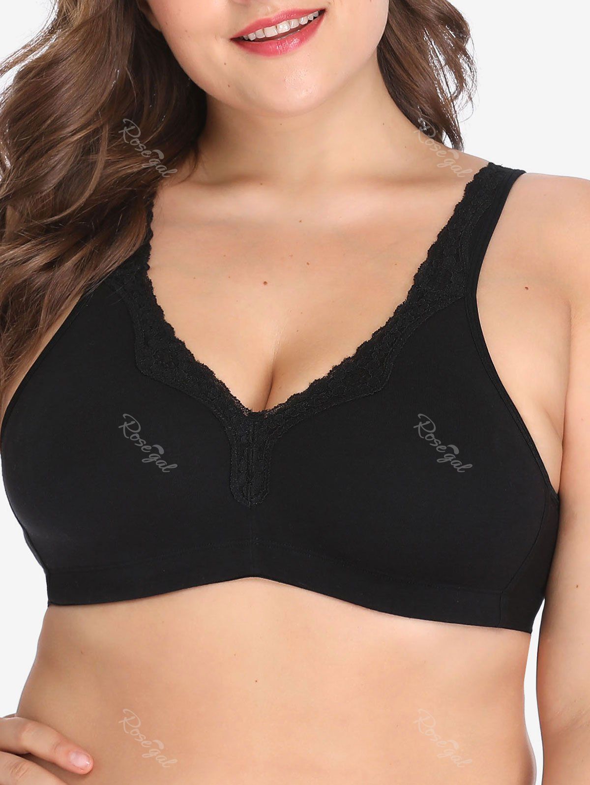 

Plus Size Lace Trim Unlined Bra, Black