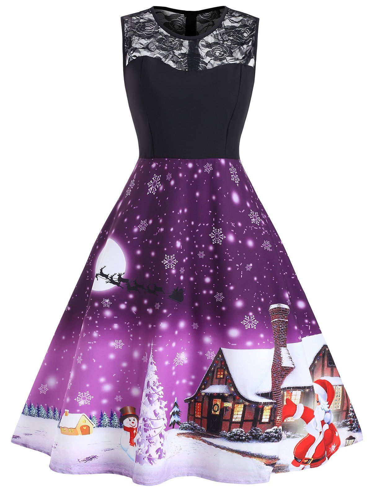 

Christmas Lace Panel Snowflake Santa Claus Dress, Purple flower