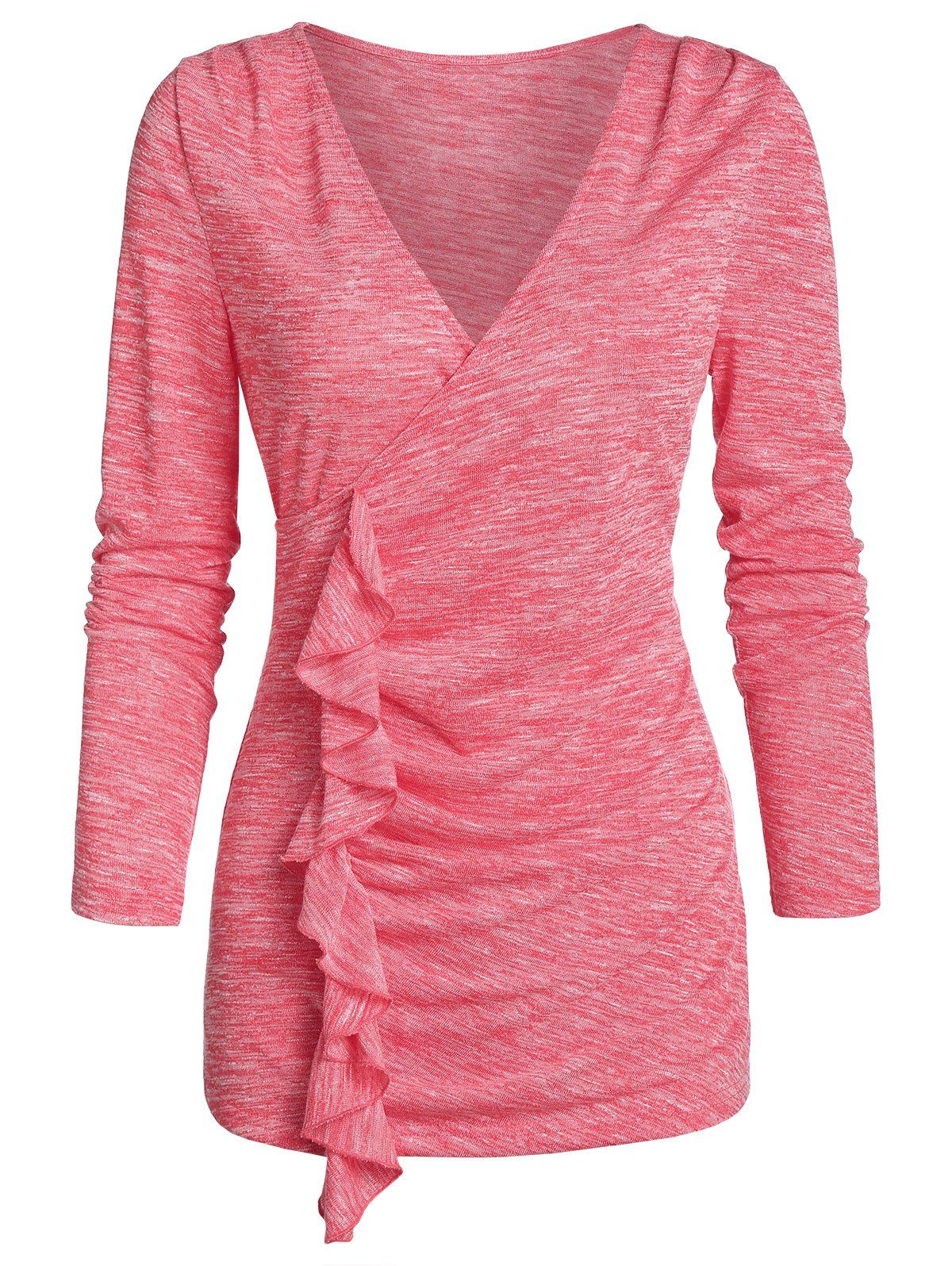 

Cascading Ruffle Marled V Neck T Shirt, Watermelon pink