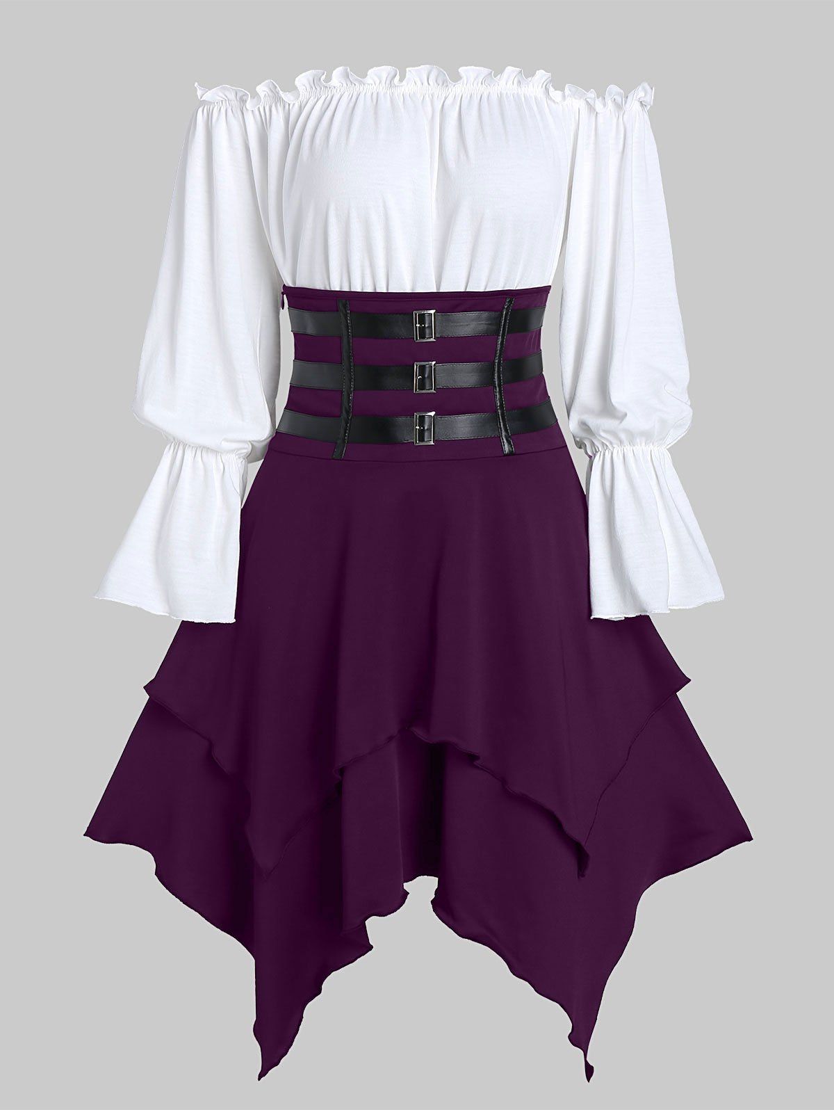 

Buckle Strap Lace-up Layered Handkerchief Skirt with Poet Sleeve Bardot Top, Maroon