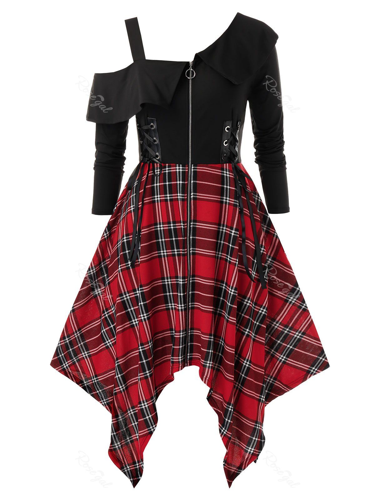 

Plus Size Handkerchief Lace Up Plaid Punk Dress, Red wine
