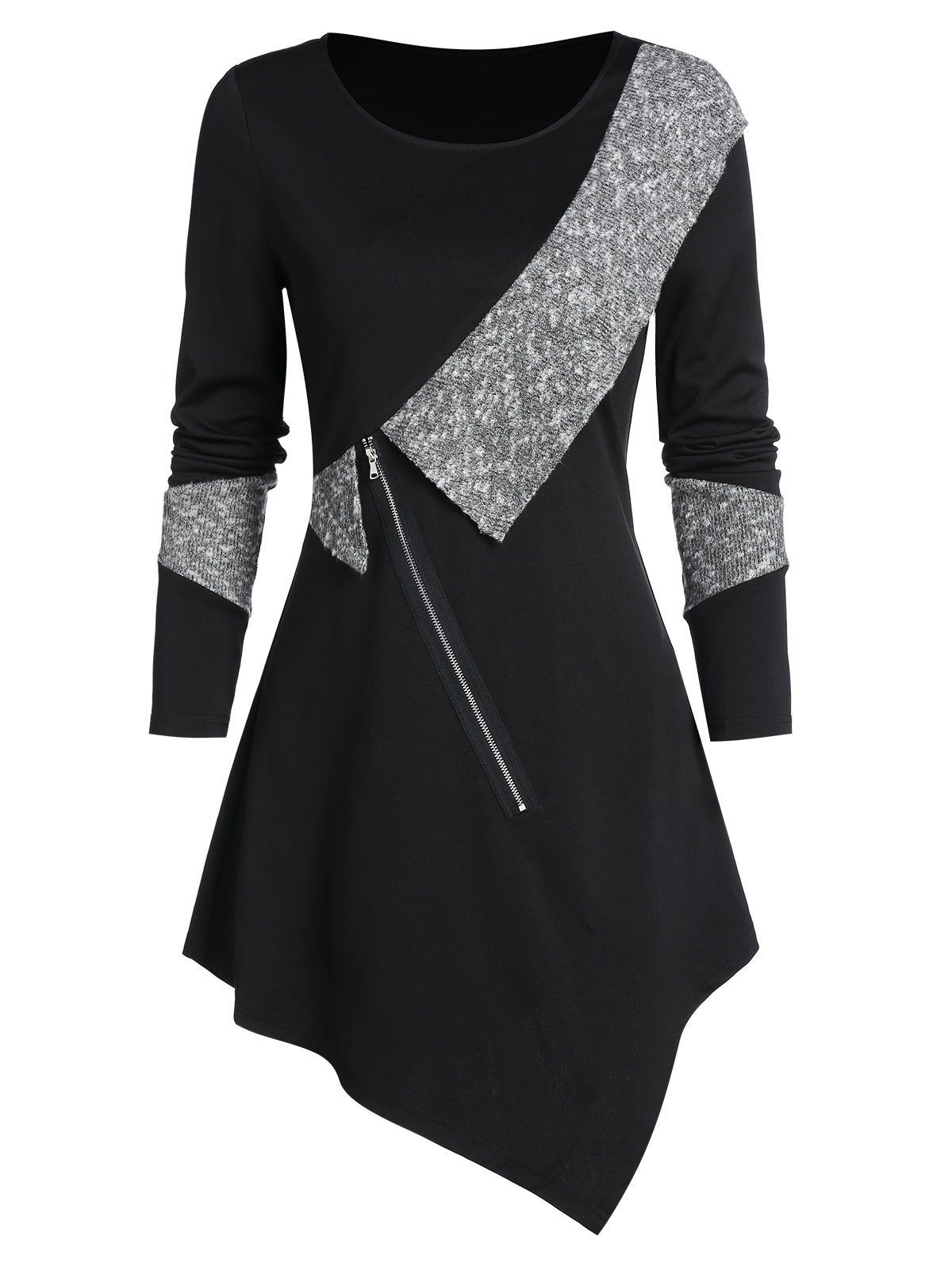 

Contrast Trim Front Zip Asymmetric Sweater, Black