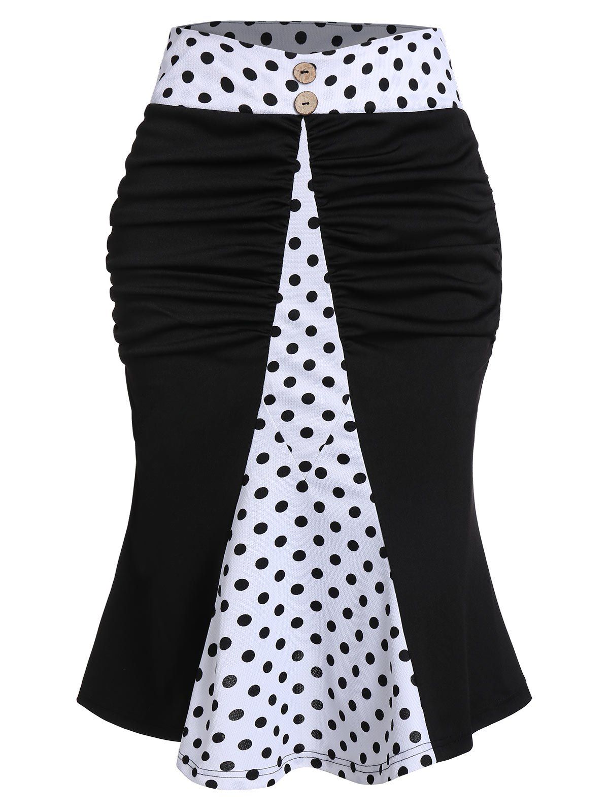 

Polka Dot Print Ruched Mock Button Mermaid Skirt, Black