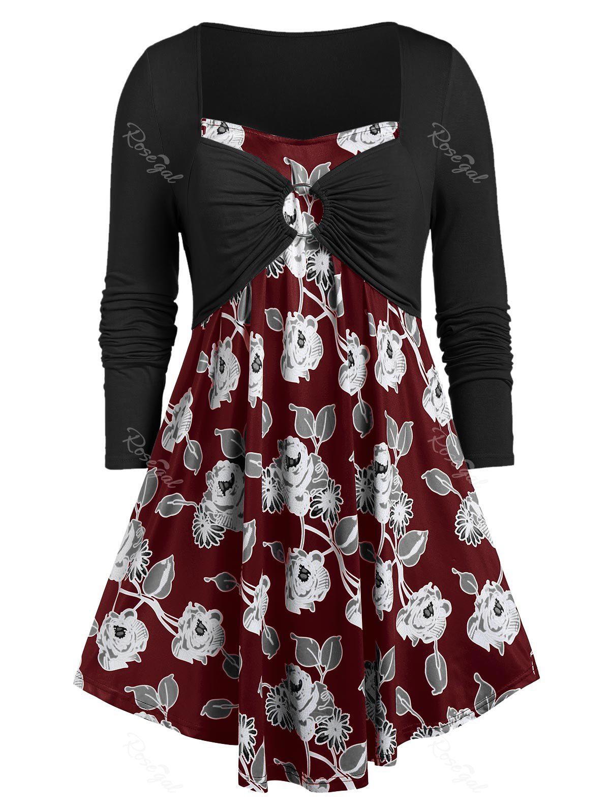 

Plus Size Ruched O Ring Faux Twinset Floral T-shirt, Red wine