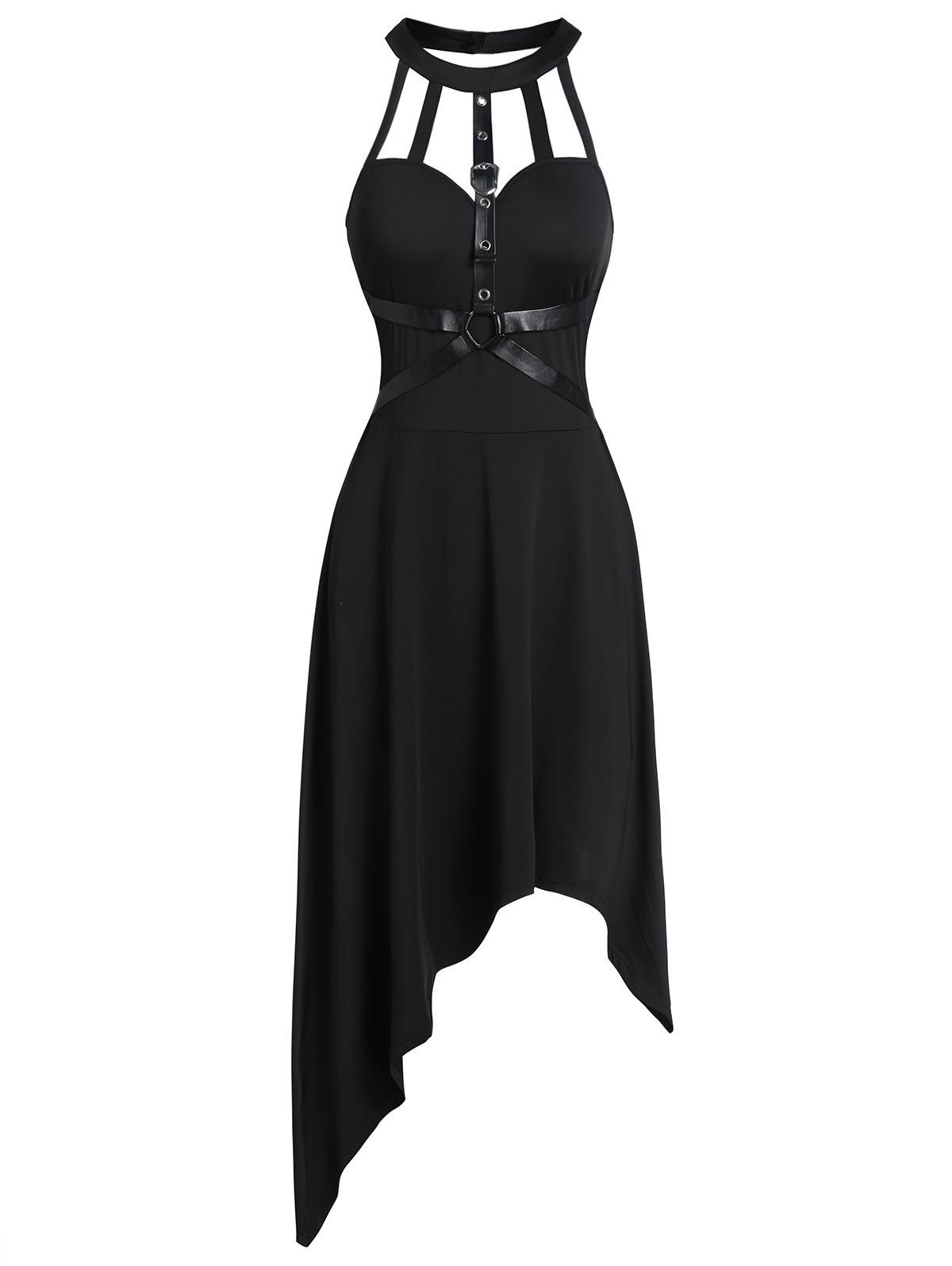 

Cut Out Sleeveless Harness Insert Asymmetric Dress, Black