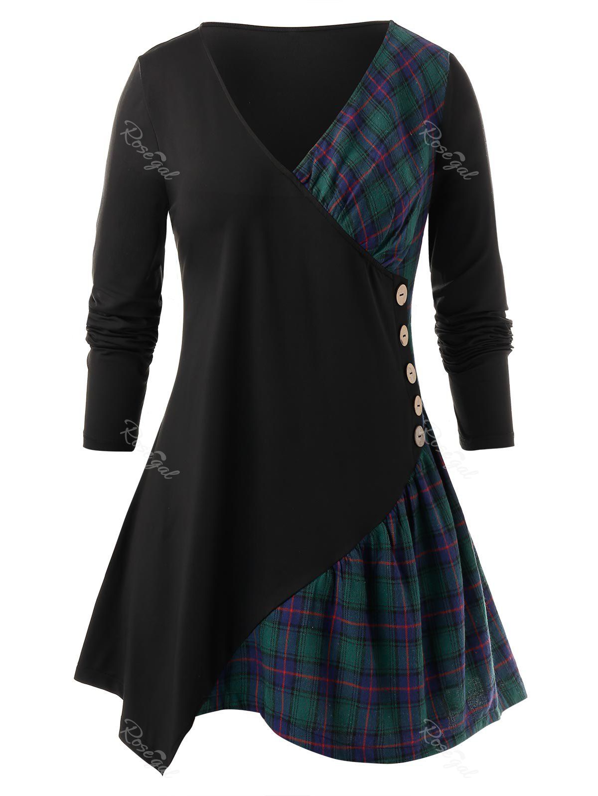 

Plus Size Mock Button Plaid Long Sleeve T-Shirt, Black