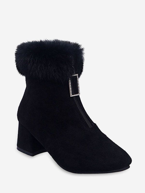 

Rhinestone Pull Faux Fur Trim Square Toe Boots, Black