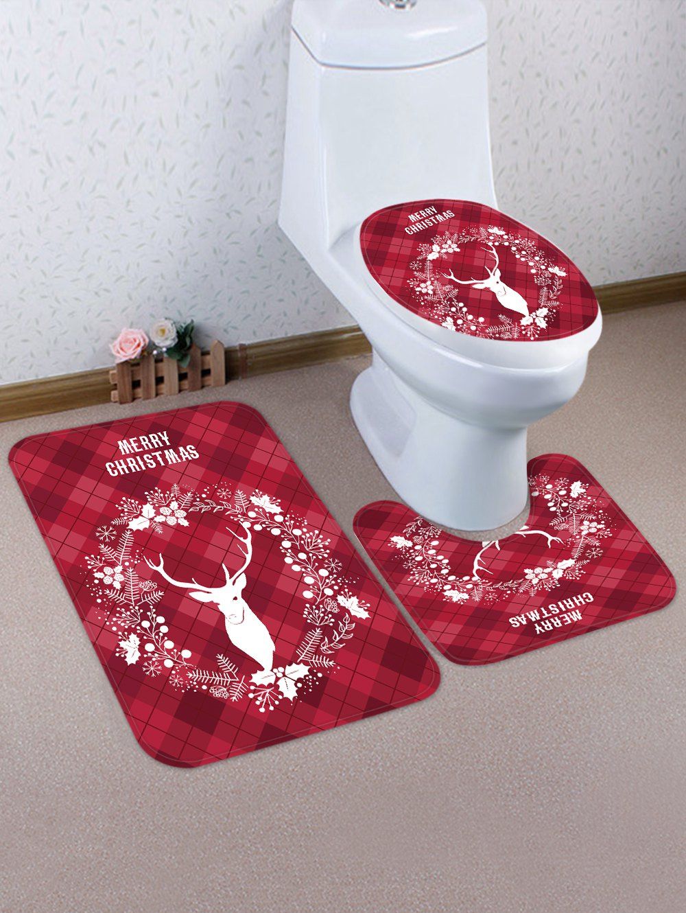 

Christmas Elk Wreath Greeting Patterned 3 Pcs Toilet Mat Set, Multi