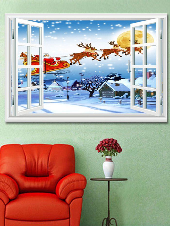 

Christmas Deer Sleigh Window Print Decorative Wall Art Sticker, Multi