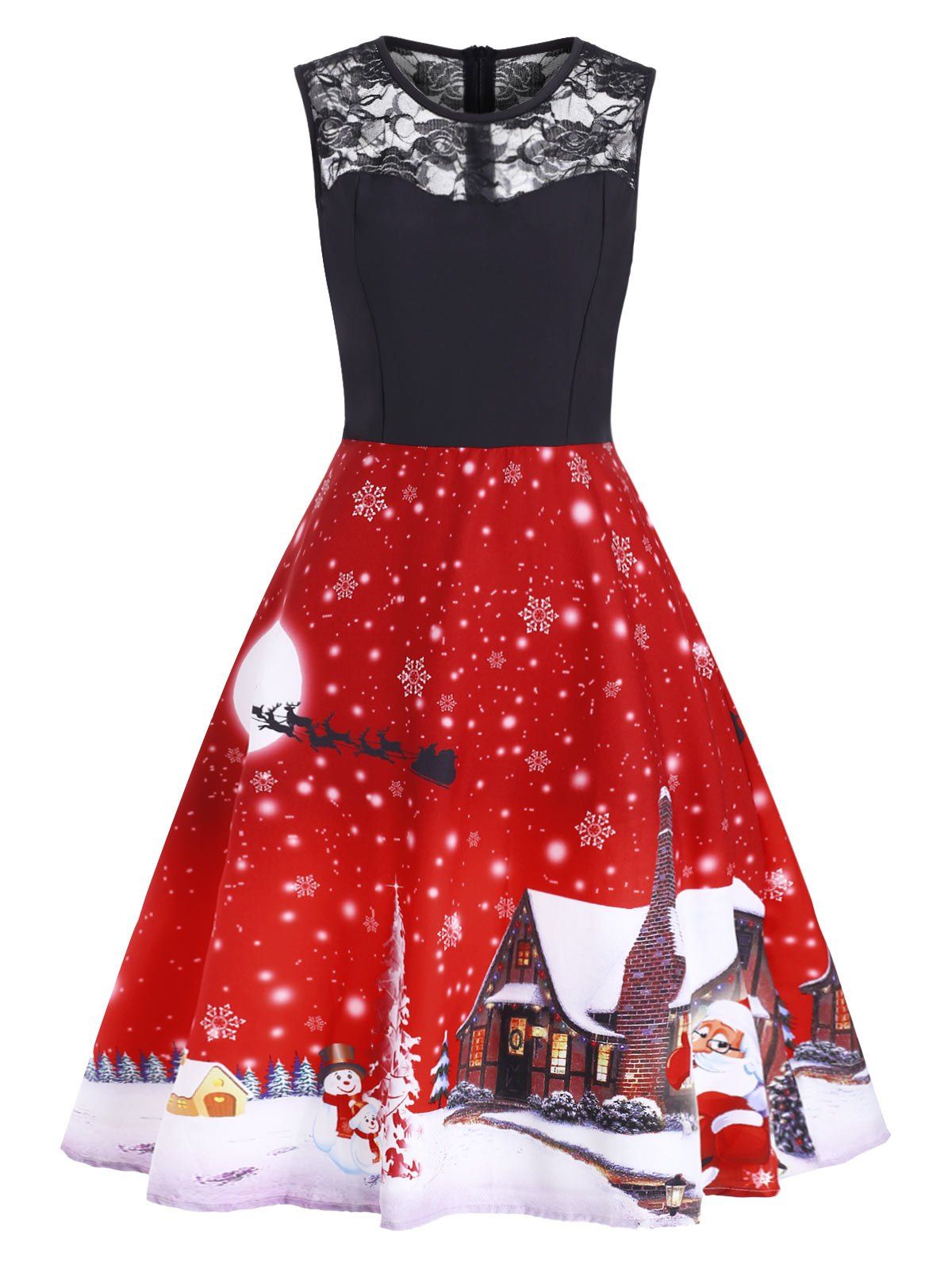 

Christmas Lace Panel Snowflake Santa Claus Dress, Red