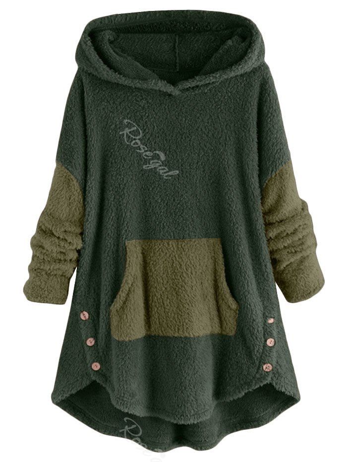 

High Low Front Pocket Fluffy Faux Shearling Plus Size Hoodie, Green