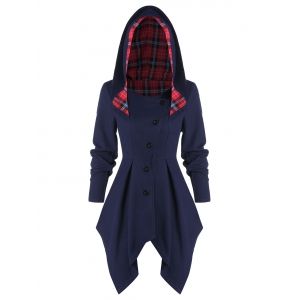 

Tartan Panel Button Up Asymmetric Coat, Midnight blue