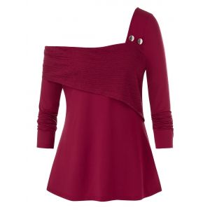

Plus Size Foldover Crinkle Skew Collar Long Sleeve Tee, Red wine