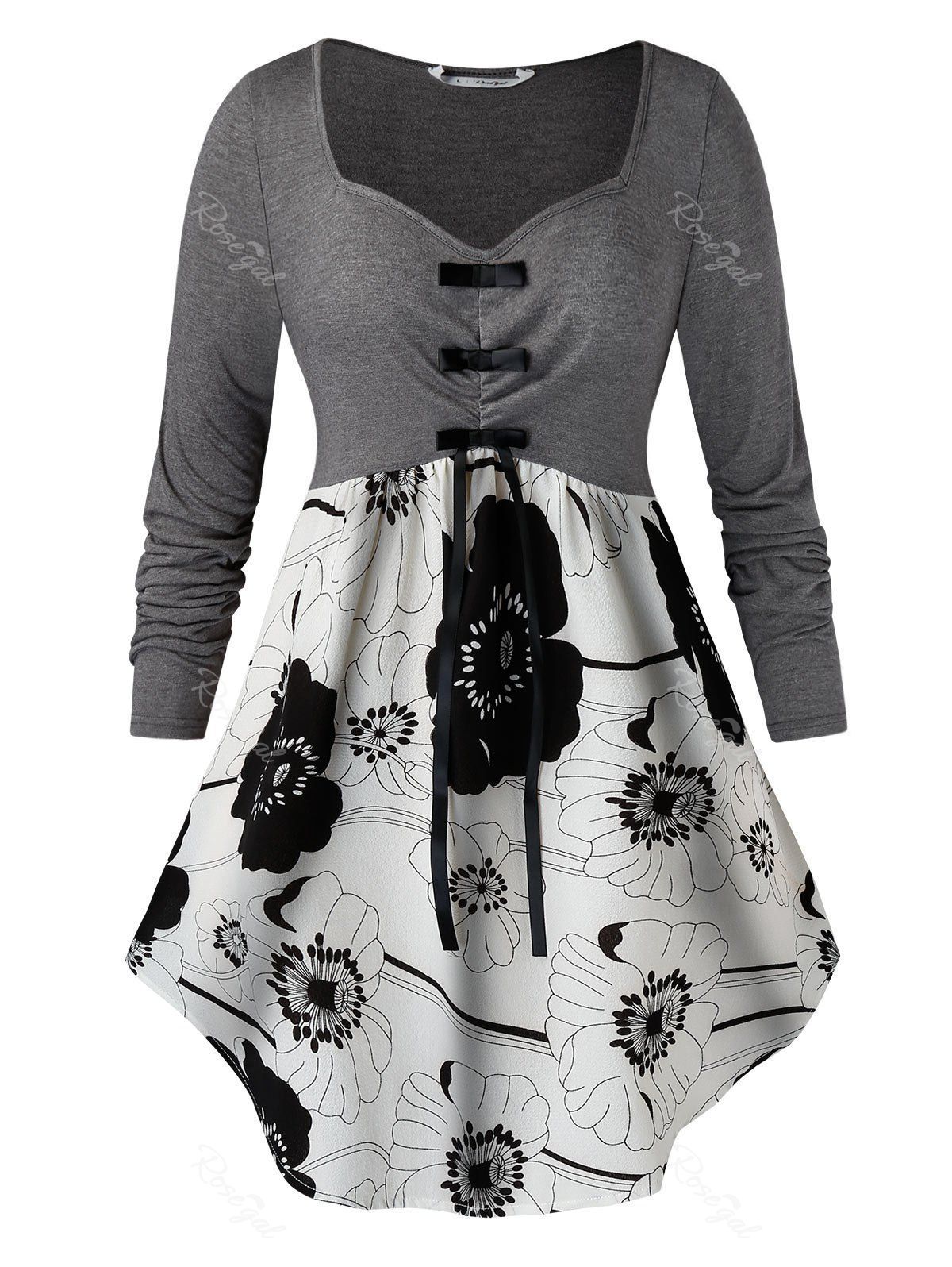 

Plus Size Flower Print Asymmetric Bowknot Long Sleeve Tee, Slate gray