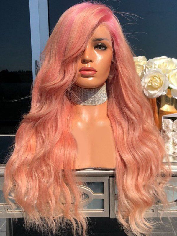 

Long Wavy Synthetic Side Part Wig, Light coral