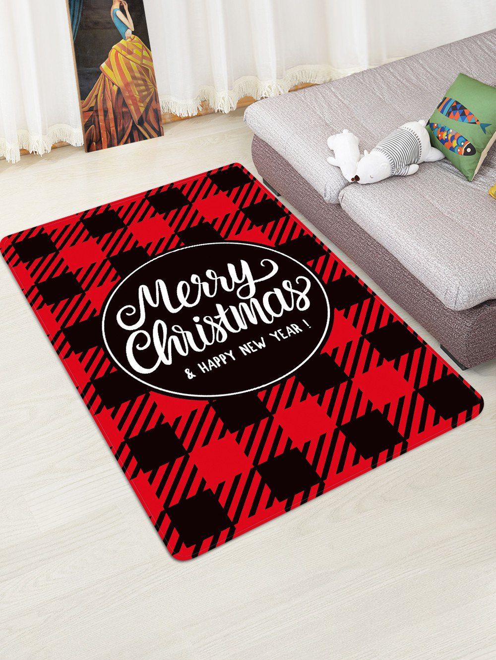 

Christmas Plaid Letter Print Floor Rug, Multi