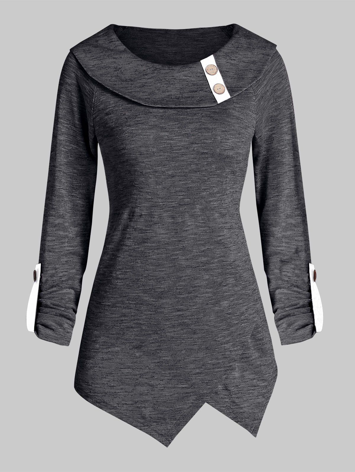 

Button Space Dye Irregular Long Sleeve Top, Dark gray