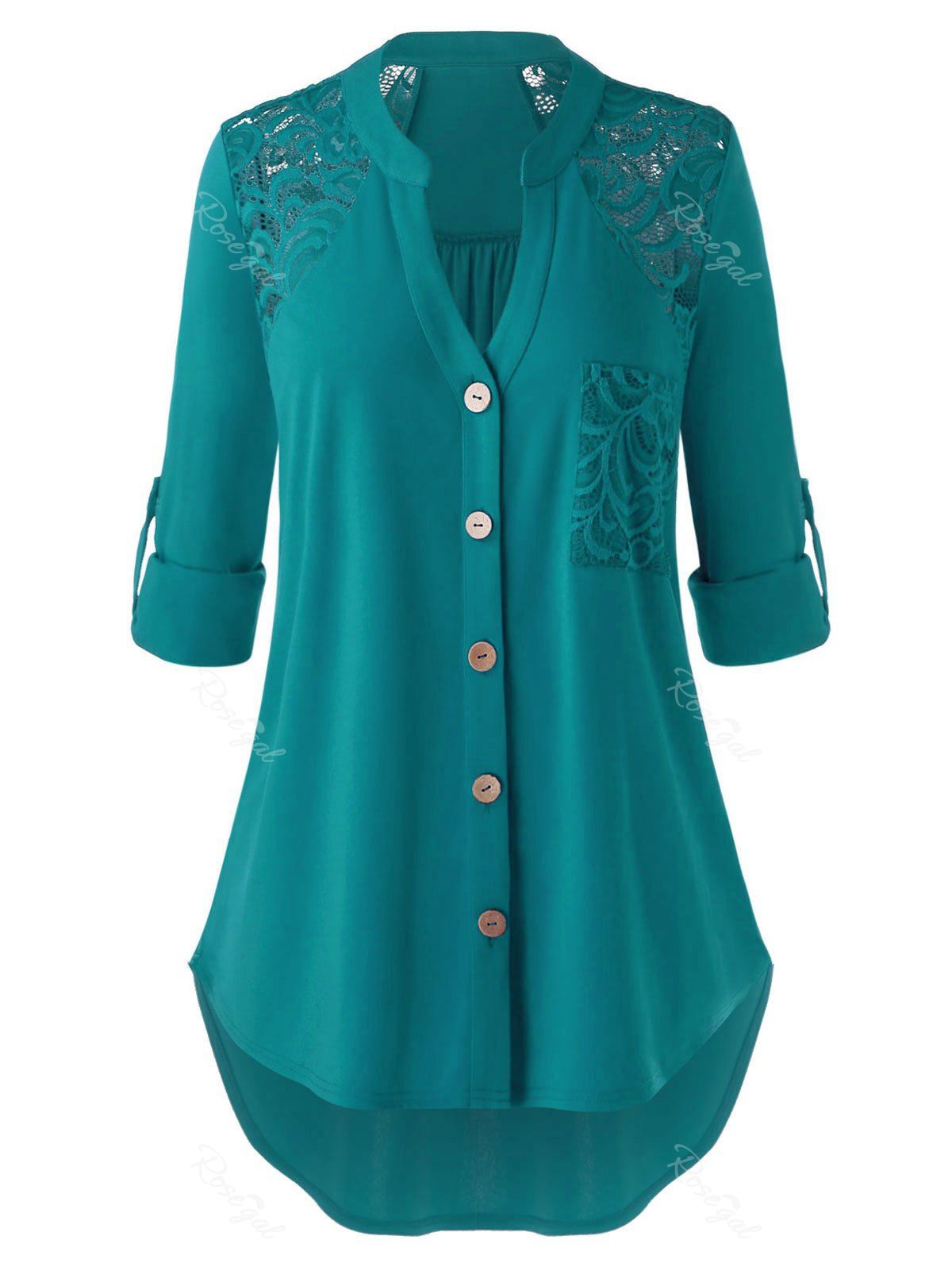 

Plus Size Pocket Lace Panel Roll Tab Sleeve Curved Blouse, Dark turquoise