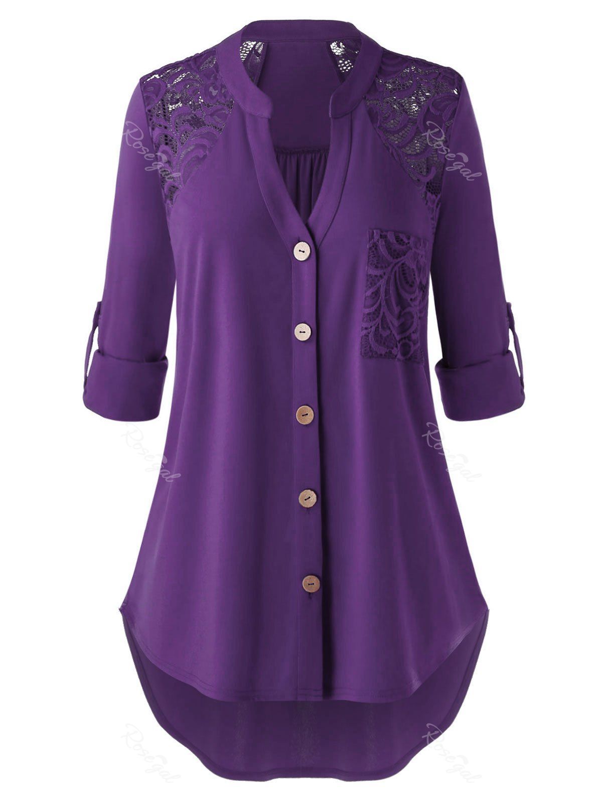 

Plus Size Pocket Lace Panel Roll Tab Sleeve Curved Blouse, Purple iris