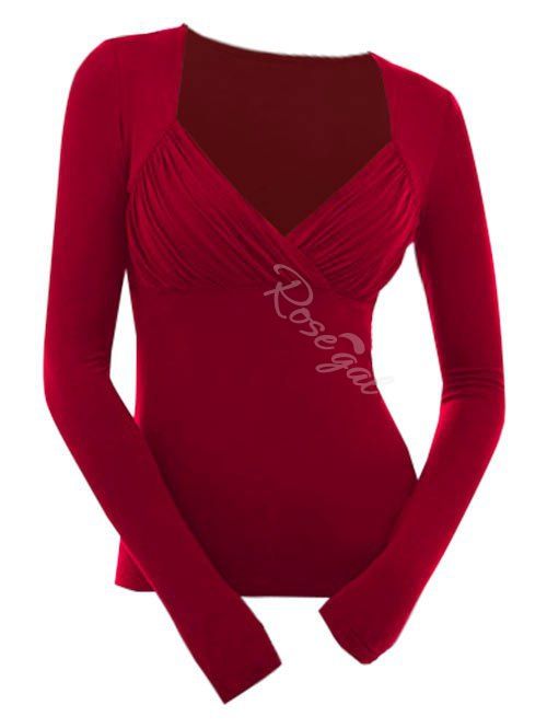 

Plus Size Long Sleeve Surplice Tunic T Shirt, Red wine