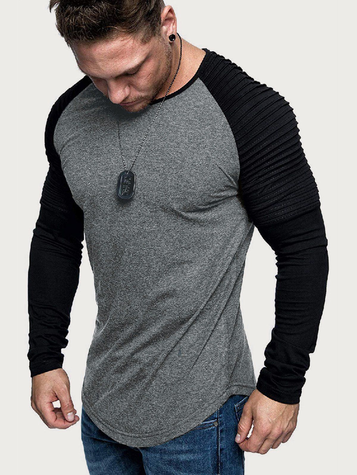 

Colorblock Spliced Pleated Long Sleeve T-shirt, Dark gray